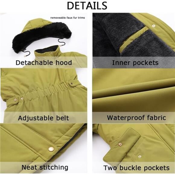 Women's Winter Down Coat Thicken Fleece Lined Lime - Picture 4 of 4